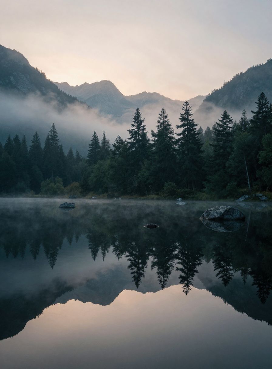 A misty alpine lake at dawn, with pines reflected in still water