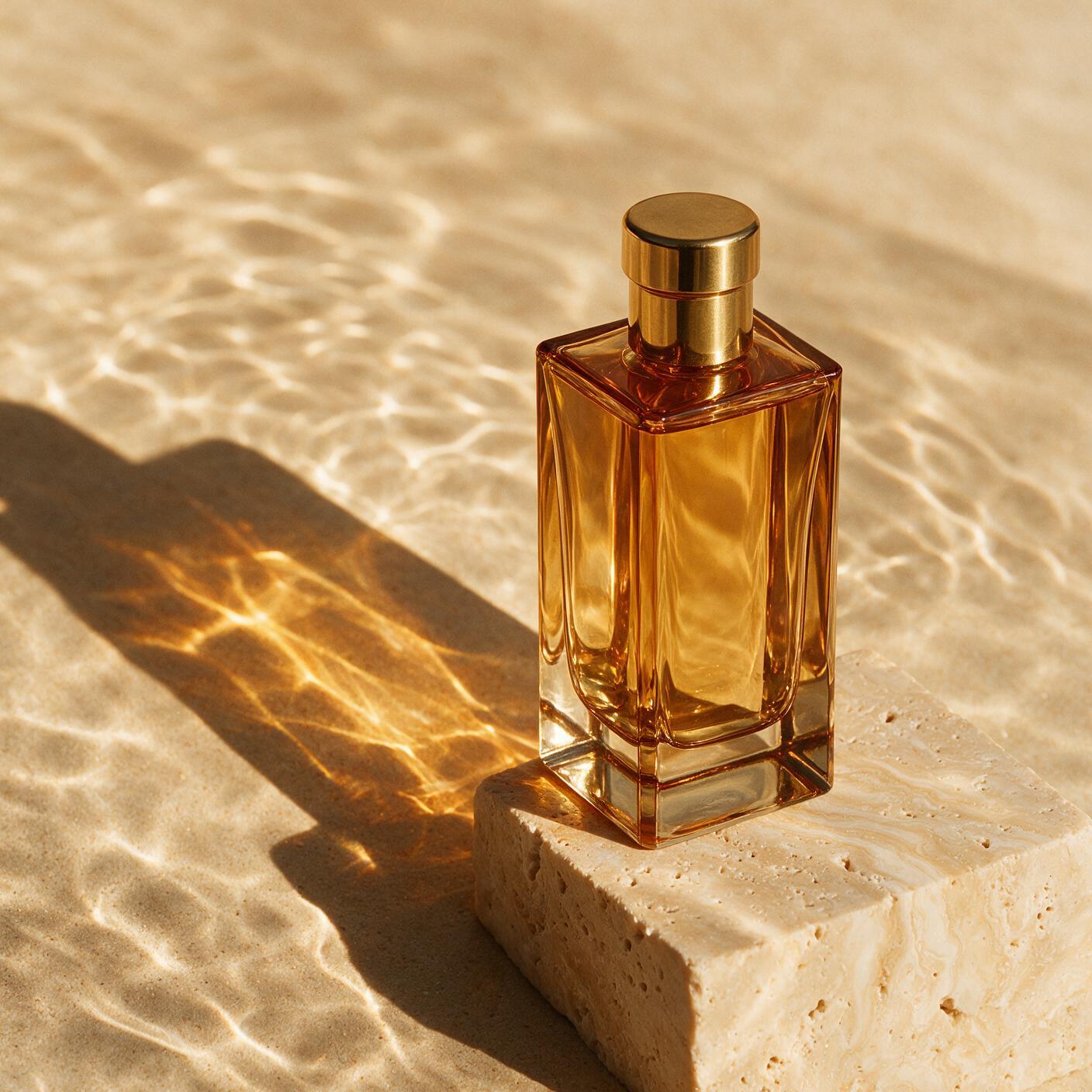 An amber perfume bottle on travertine in rippling sunlight