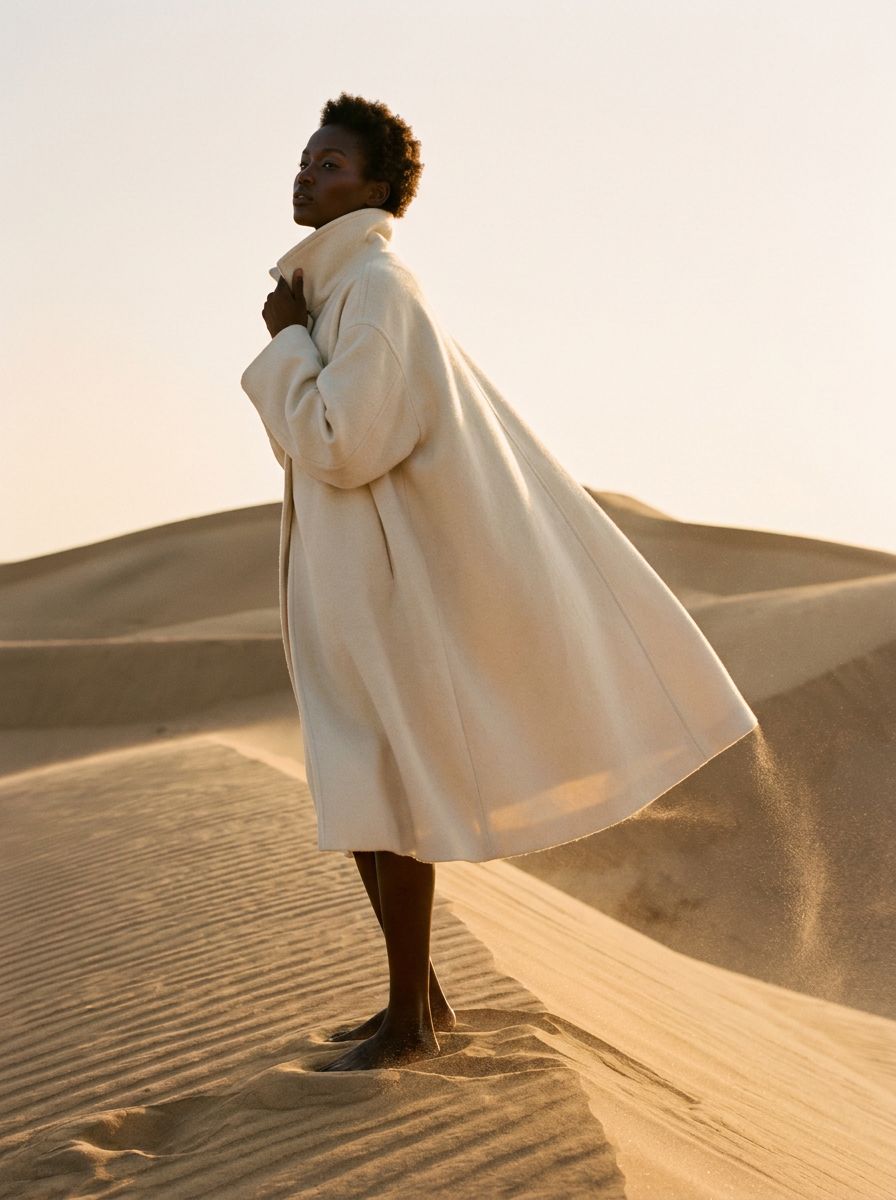A model in a sculptural ivory coat on a wind-swept dune at golden hour