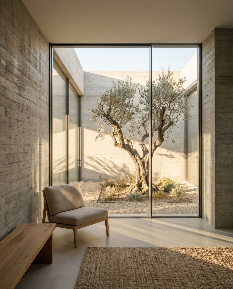 A sunlit concrete house with an olive tree in its courtyard