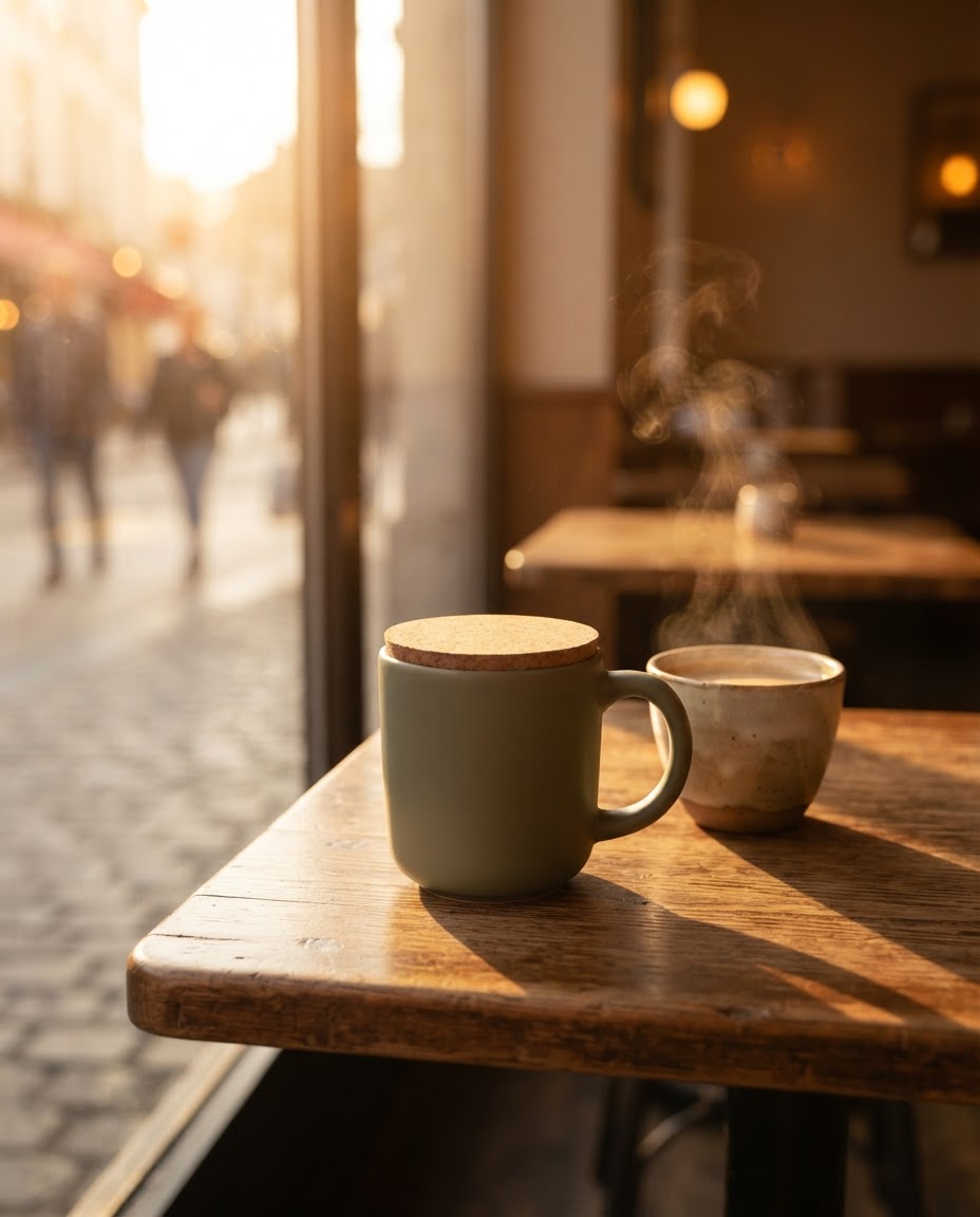 In a café at sunrise
