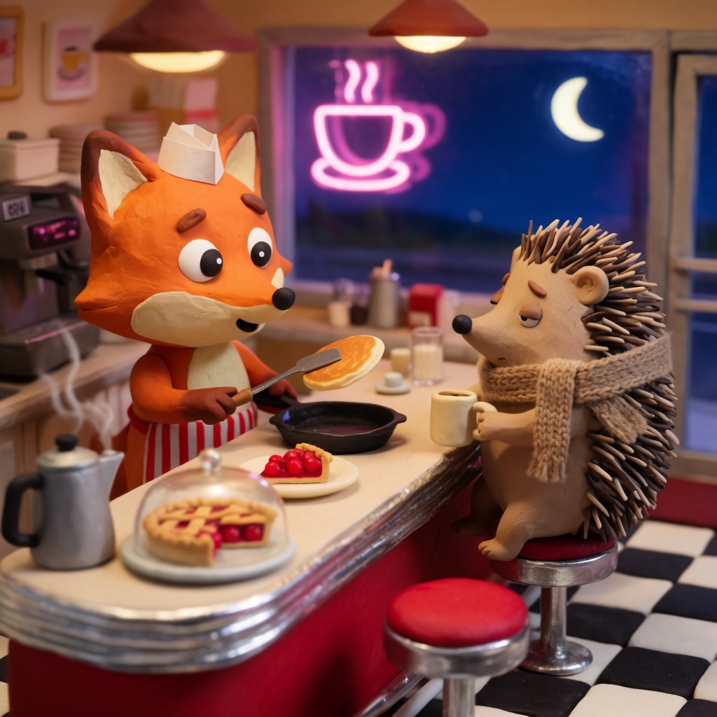 A clay fox flipping pancakes in a tiny late-night diner